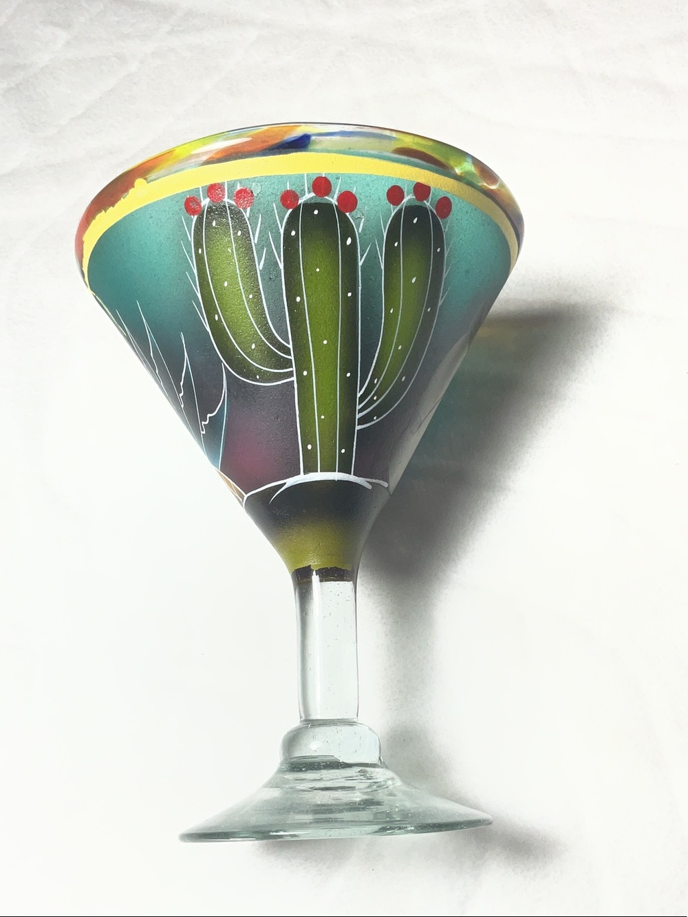 Hand-Painted Cactus Cocktail Glass - Teal and Green